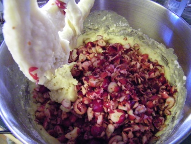 2015-11-17 making cranberry orange bread 5 cranberries added